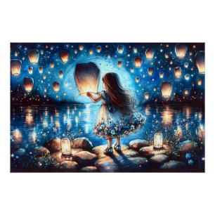 Maanverlichte Lantaarn Meer Meisje Perfect Poster