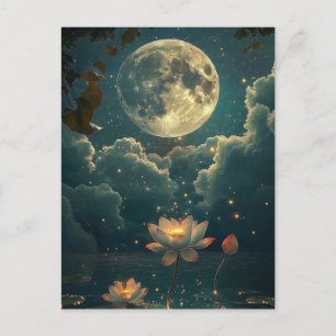 Maanverlichte Lotusvijver Fantasie Ansichtkaart Briefkaart