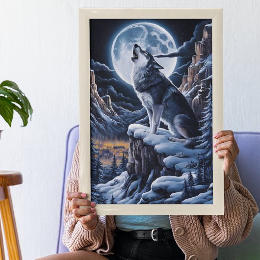 Maanverlichte Majesteit: Wolf Atop Mountain Poster