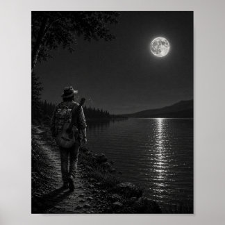 Maanverlichte Meerwandelaar Zwart-Wit Poster