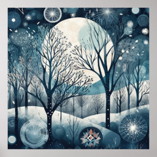 Maanverlichte Noordse Bos Winter Nacht Poster