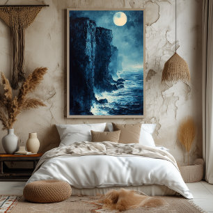 Maanverlichte Oceaan Kliffen in Monochroom Blauw Poster