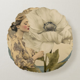 Maanverlichte schoonheid - Vrouw met witte bloem e Rond Kussen