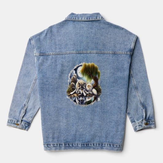 Maanverlichte sereniteit een sluimerende wolf denim jacket (Achterkant)