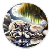 Maanverlichte sereniteit een sluimerende wolf keramische knop (Voorkant)