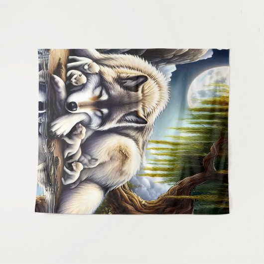 Maanverlichte sereniteit een sluimerende wolf wandkleed (Voorkant (horizontaal))