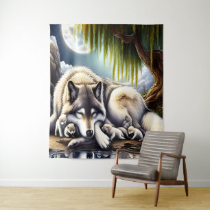 Maanverlichte sereniteit een sluimerende wolf wandkleed