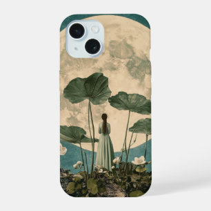 Maanverlichte Sereniteit – Vintage Lotus Scene iPhone 15 Hoesje