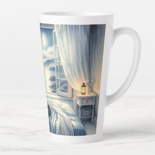Maanverlichte slaapkamer aan de kust met slapende latte mok