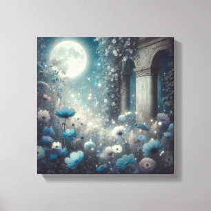 Maanverlichte tuin met hemelse bloemen en sterren canvas afdruk