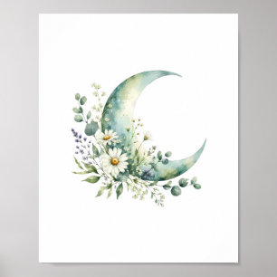 Maanverlichte Wilde Bloemen Watercolor Kunstprint Poster
