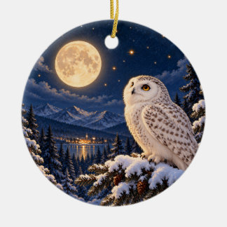 Maanverlichte Winteruil Keramische Cirkel Ornament