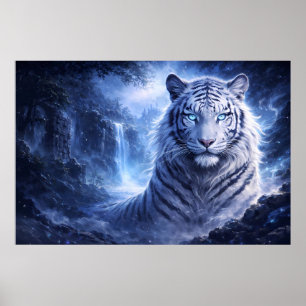 Maanverlichte Witte Tijger Beschermer – Blauwe Fan Poster