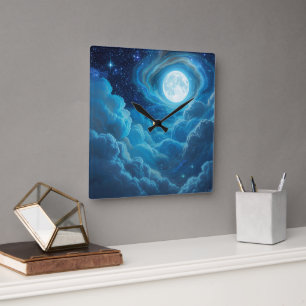 Maanverlichte wolkenlucht wandklok vierkante klok