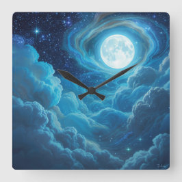 Maanverlichte wolkenlucht wandklok vierkante klok