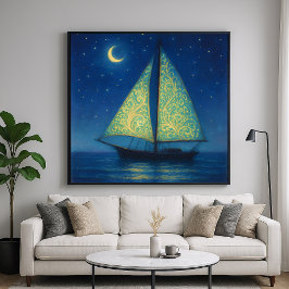 Maanverlichte zeilboot - Pastel schilderstijl Nigh Poster