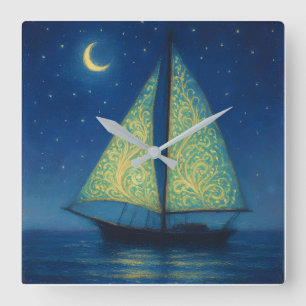 Maanverlichte Zeilboot - Pastelkleur Schilderstijl Vierkante Klok