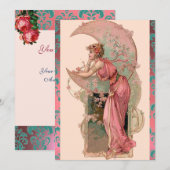 MAANVROUW MET ROZEN, ROZE BLAUWE DAMASTBLOEMEN KAART (Voorkant / Achterkant)