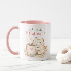 Maar Eerst Koffie Kawaii Schattige Kat Zoete Roze Mok