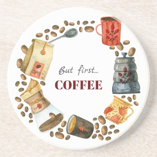 Maar eerst koffie Wreath Zandsteen Onderzetter (Voorkant)