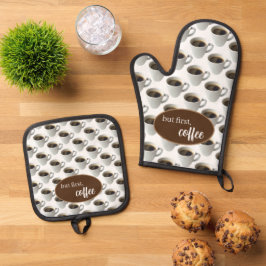 Maar eerst, koffiepatroon ovenwant & pannenlap set