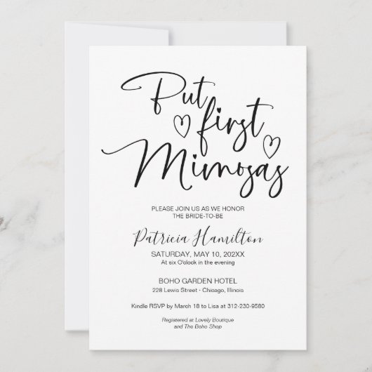 Maar Eerst Mimosas Minimalistische Bruidsuitnodigi Kaart (Voorkant)