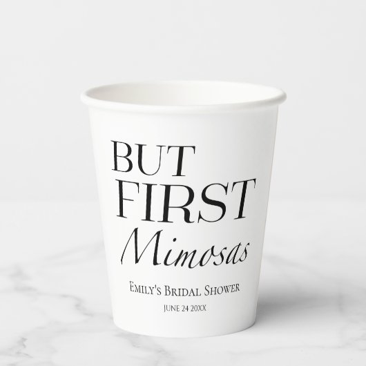 Maar eerst mimosas | Zwart-wit Vrijgezellenfeest Papieren Bekers (Achterkant)