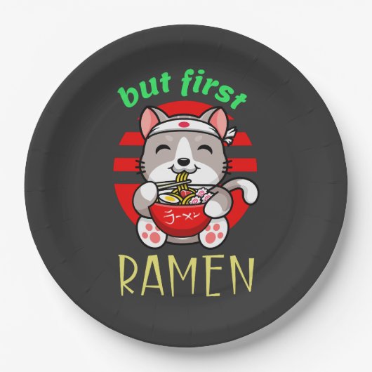 maar eerst Ramen. schattige kat eten Ramen Papieren Bordje (Voorkant)