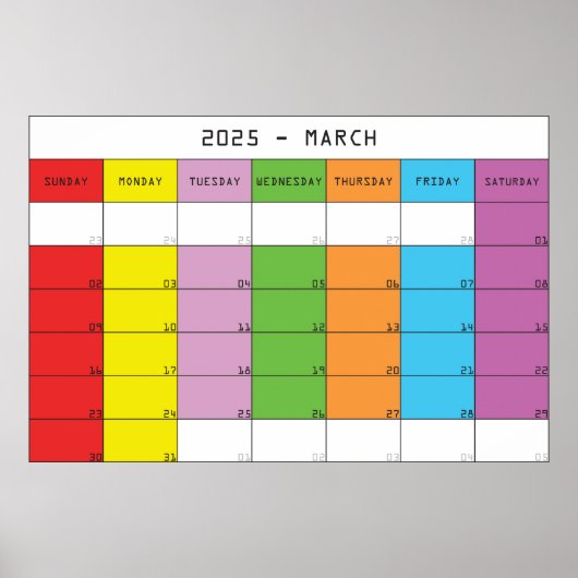 Maart 2025 kleur dagen kalender planner poster (Voorkant)