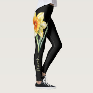 Maart Geboorte Bloem, Gele narcis op Zwart Leggings