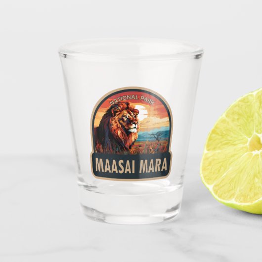 Maasai Mara Nationaal Reservaat Leeuw Reiskunst Shot Glas (Voorkant)