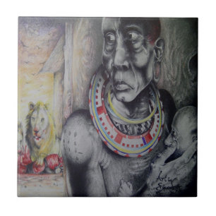 Maasai moeder en kind met Lion Art Print/Graphi Tegeltje