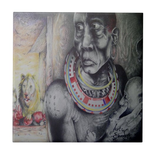 Maasai moeder en kind met Lion Art Print / Graphic Tegeltje (Voorkant)