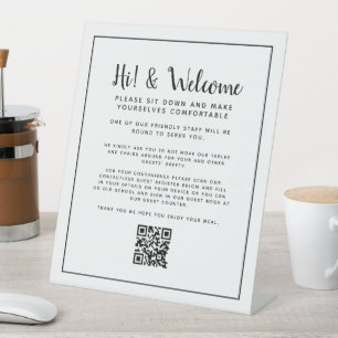 Maatschappelijke afstandsbediening van restaurant  reclamebord met voetstuk