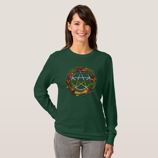 Mabon Grape Vine Wreate met Pentacle T-shirt (Voorkant volledig)