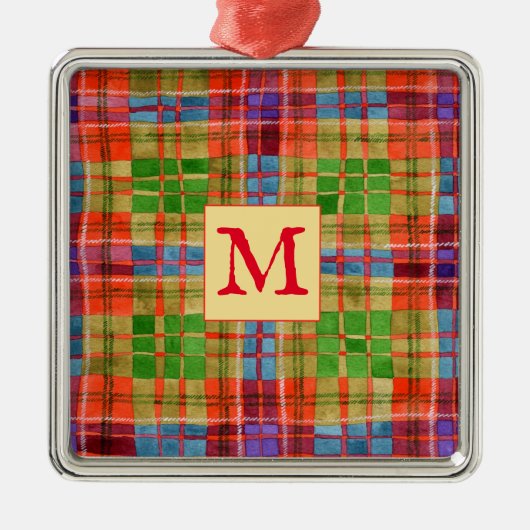 MAC RAE TARTAN Glazen Vierkant Ornament + Initiaal (Voorkant)