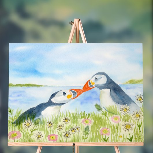 Macareux mignons aquarelle dans un champ de fleurs (Neutre)