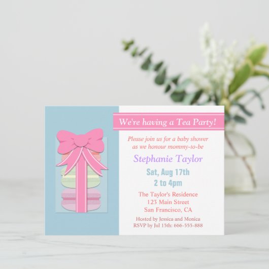 Macaron Tea Party Baby shower, blauw en roze Kaart (Staand voorkant)