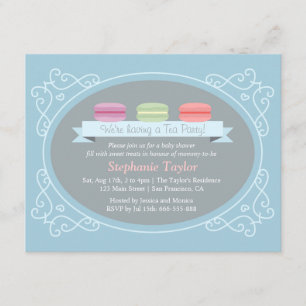 Macaron Thee Feestje Baby Borrel, Blauw en Grijs Kaart