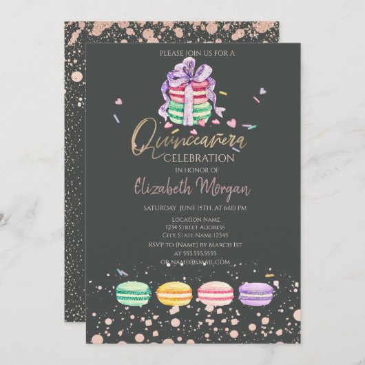 Macarons Confetti Stippen Quinceañera Kaart (Voorkant / Achterkant)
