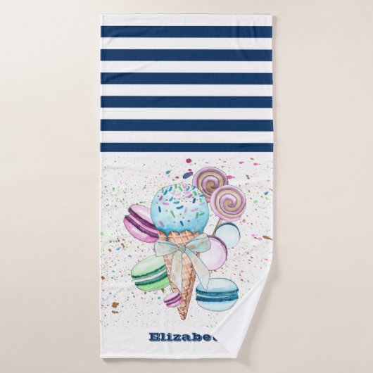 Macarons de glace Navy Blue rayé blanc (Serviette de bain)
