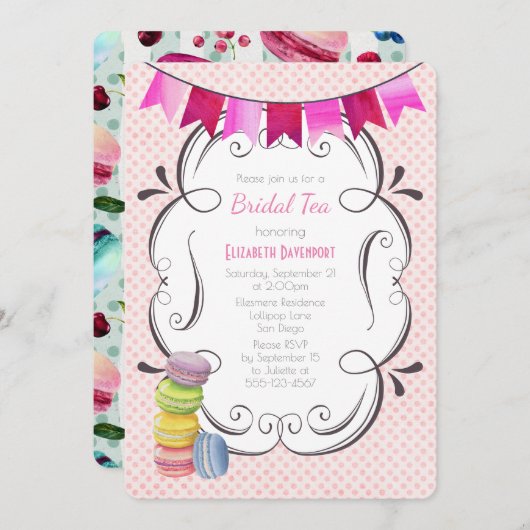 Macarons en Roze Polka Dots Bruidsthee Kaart (Voorkant / Achterkant)