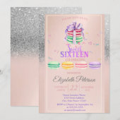 Macarons Silver Glitter Bokeh Sweet 16 Party Kaart (Voorkant / Achterkant)