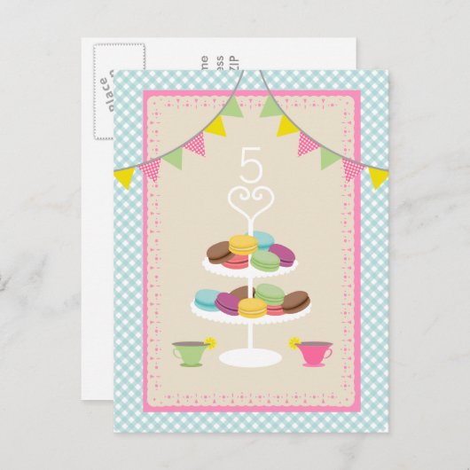 Macarons + Tea Party Briefkaart Uitnodigen (Voorkant / Achterkant)