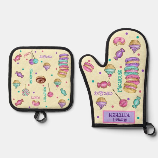 Macaroons Cupcakes Lollipops en Donuts Ovenwant & Pannenlap Set (Voorkant)