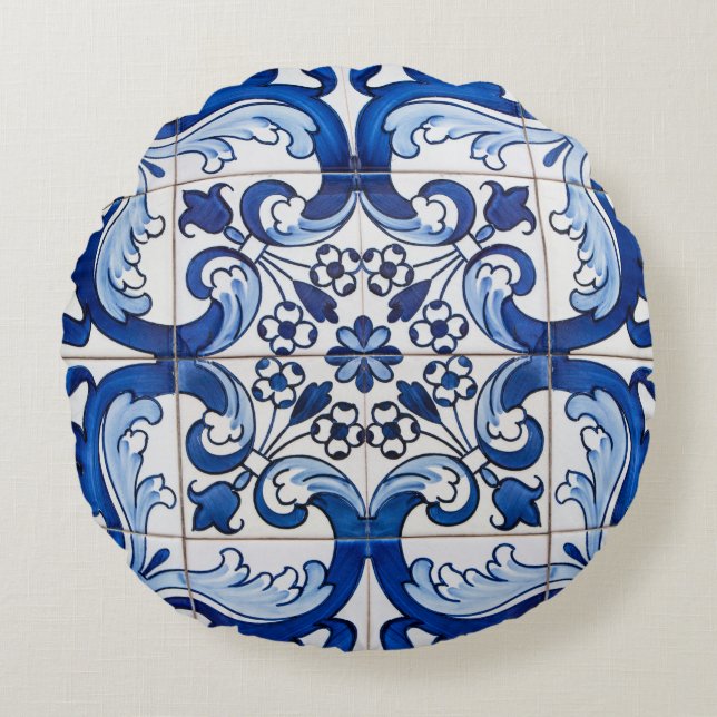 Macau Azulejo Tegel Pattern Rond Kussen (Voorkant)