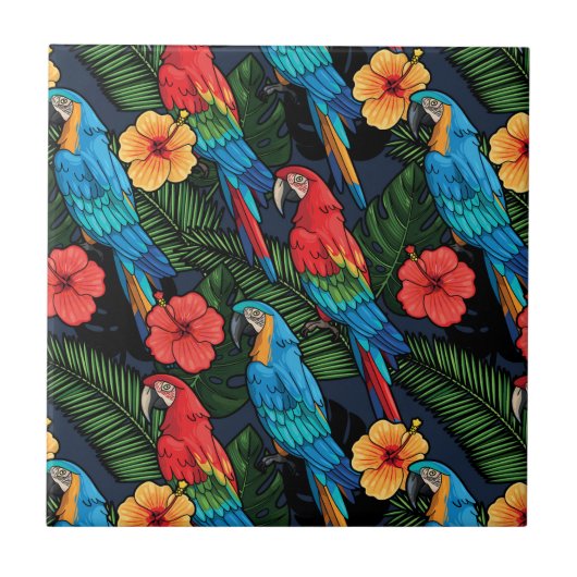 Macaw en Hibiscus Pattern Tegeltje (Voorkant)