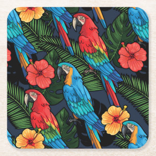 Macaw en Hibiscus Pattern Vierkante Kartonnen Onderzetter