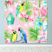 Macaw papegaaien en chinoiserie potjes op zacht ro canvas afdruk (Insitu (Houten vloer))