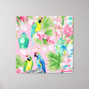 Macaw papegaaien en chinoiserie potjes op zacht ro canvas afdruk
